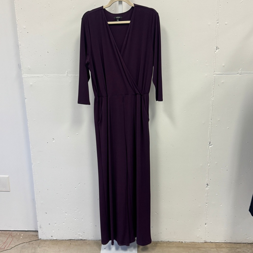 Alfani Faux Wrap V-Neck Wide Leg Jumpsuit Size‎ L Plum 3/4 Sleeve Pocket Purple